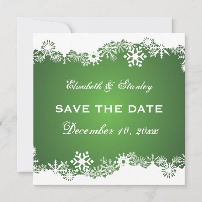 Snowflake green white winter wedding Save the Date (Front)