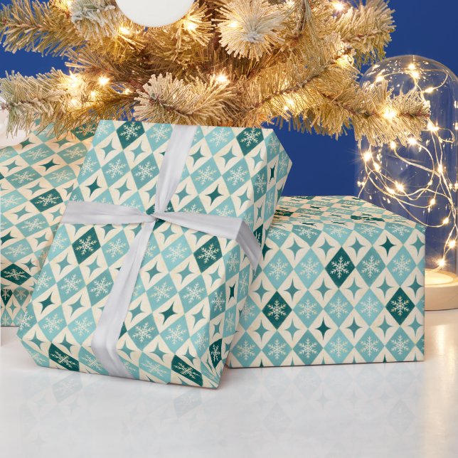 Snowflake Harlequin MCM Blue Wrapping Paper (Holidays)