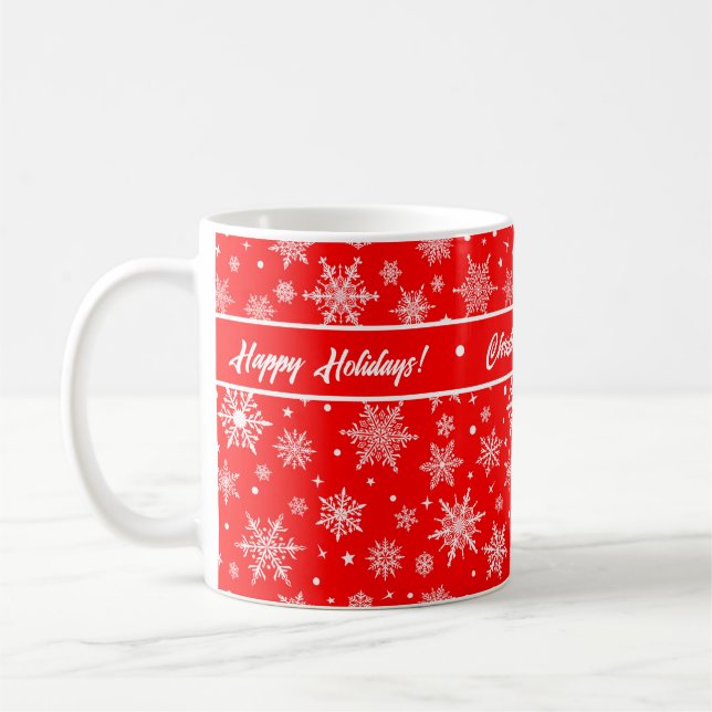 Snowflake Holiday Red Coffee Mug (Left)