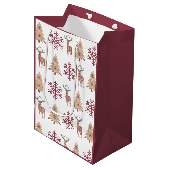 Snowflake Holiday Tree Deer Pattern on White Medium Gift Bag (Front Angled)