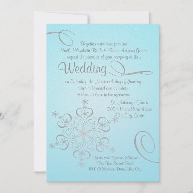 Snowflake Ice Blue and Silver Winter Wedding Invitation (Front)