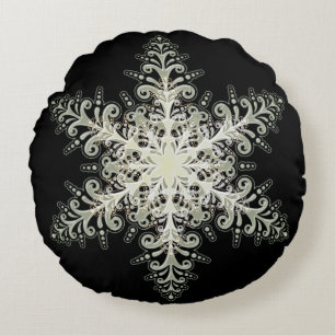 Snowflake ice lace winter white and black elegant round cushion