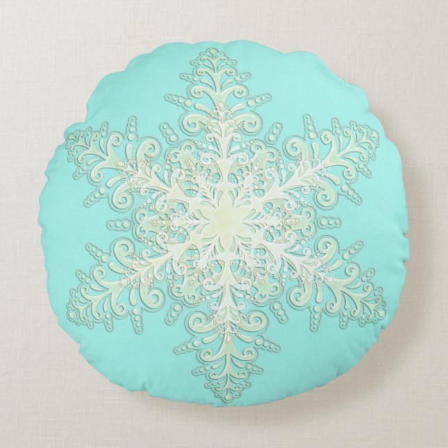 Snowflake icy lace winter white and teal elegant round cushion (Front)