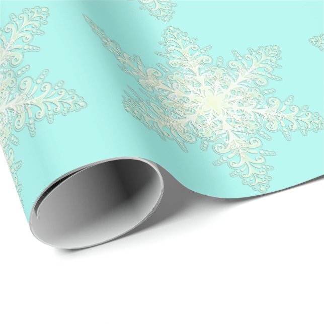 Snowflake icy lace winter white and teal elegant wrapping paper (Roll Corner)
