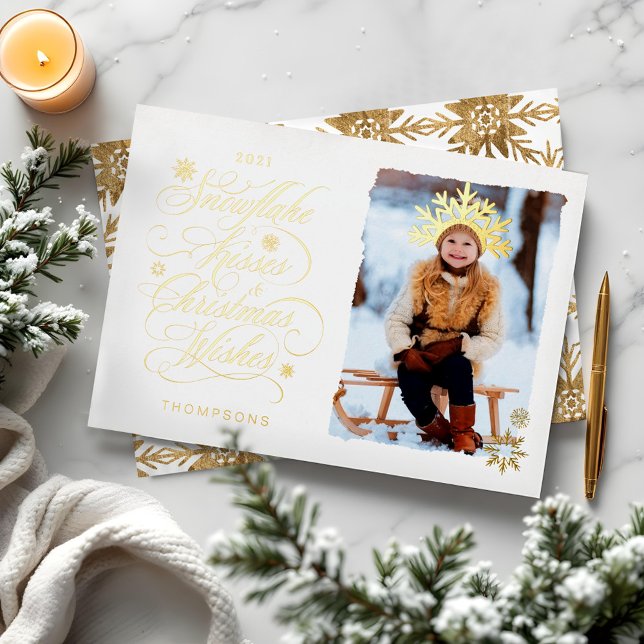 Snowflake Kiss Christmas Wishes Gold Script Photo Foil Holiday Card (Cute Fairy Garden Autumn Leafs Mushroom & Pumpkin Note Card)