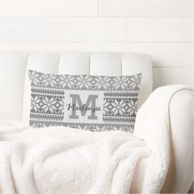Snowflake Knit Sweater Monogram Name Grey White Lumbar Cushion (Creator Uploaded)