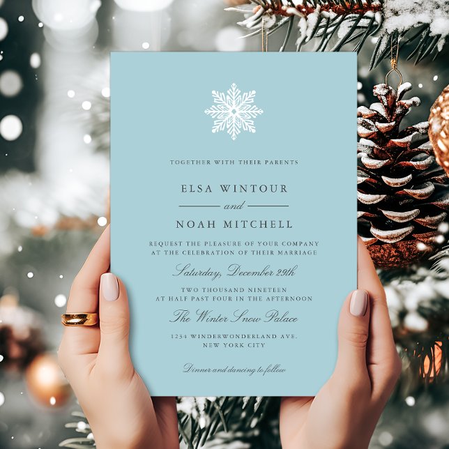 Snowflake Light Blue Winter Photo Formal Wedding Invitation (Creator Uploaded)