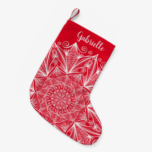 Snowflake Mandala Calligraphy Name Red and White Small Christmas Stocking