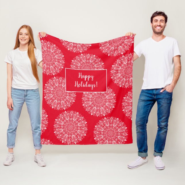 Snowflake Mandala Pattern Happy Holiday Red Winter Fleece Blanket (In Situ)