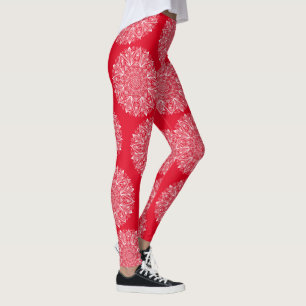 Snowflake Mandala Red and White Winter Pattern Leggings