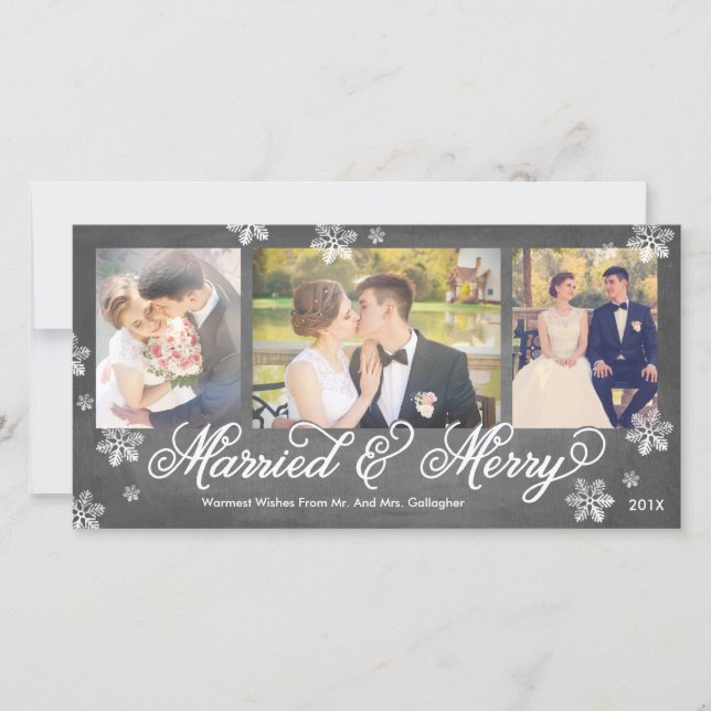 Snowflake Married and Merry 3-Photo Holiday Card (Front)