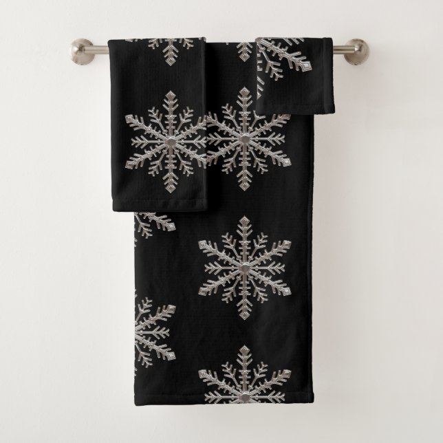 Snowflake Matte Black Bath Towel Set (Insitu)