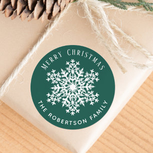 Snowflake Merry Christmas Holiday Green Classic Round Sticker