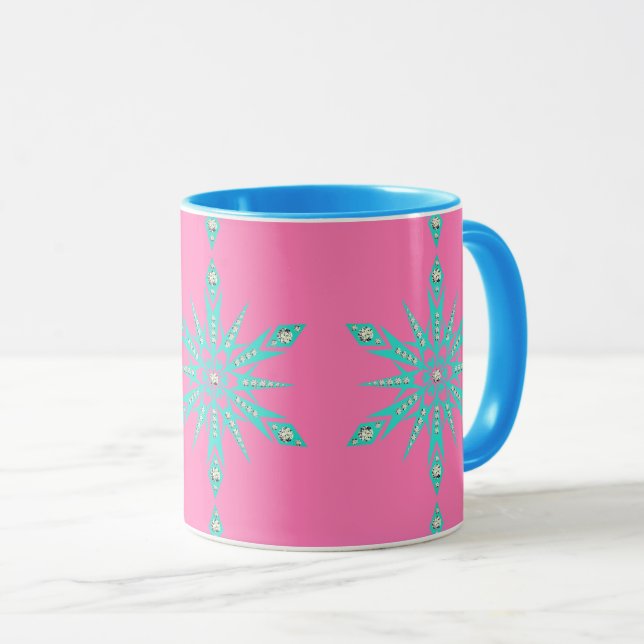 Snowflake mid century turquoise pink vintage  mug (Front Right)
