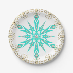Snowflake mid century turquoise white diamond paper plate