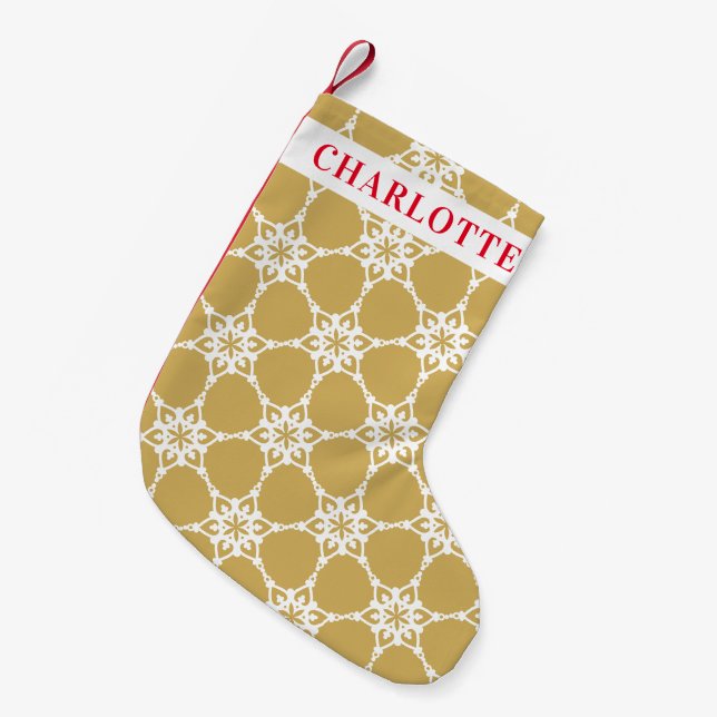 SNOWFLAKE modern elegant pattern gold white Small Christmas Stocking (Front (Hanging))