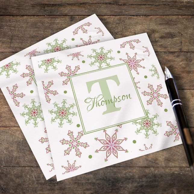 Snowflake Monogram Colourful Holiday Christmas Napkin (Merry Christmas whimsical colorful snowflakes paper napkins. )