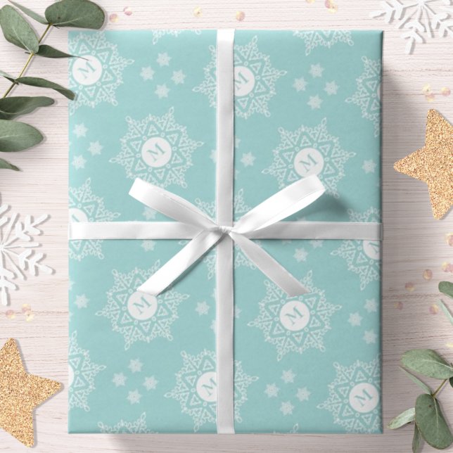 Snowflake Monogram Modern Aqua Christmas Holiday Wrapping Paper (Creator Uploaded)