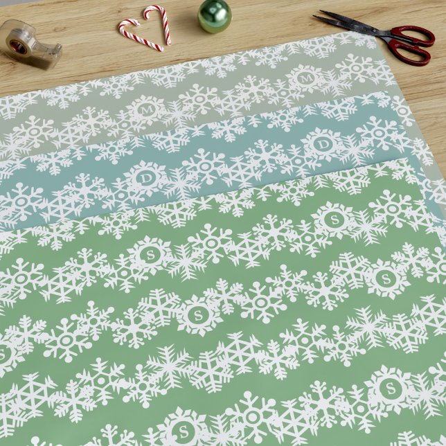 Snowflake Monogram Pastel Wrapping Paper Sheets (A trio of Nordic pastel snowflake pattern wrapping paper sheets with space for your initials)