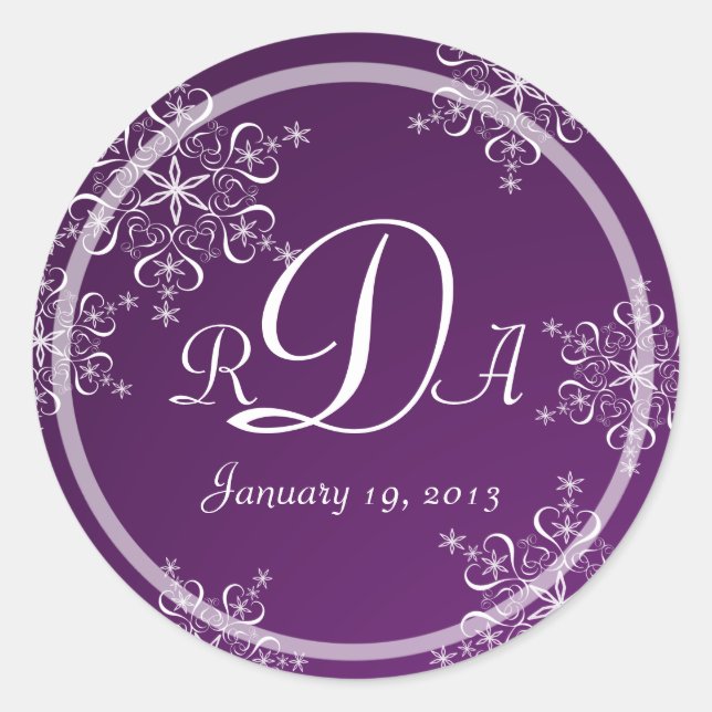 Snowflake Monogram Wedding Classic Round Sticker (Front)