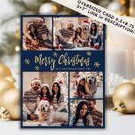 Snowflake Navy and Gold 5 Photo Collage Christmas Holiday Card<br><div class="desc">Modern Simple Elegant Calligraphy Navy and Gold Snowflakes 5 Photo Collage Merry Christmas Script Holiday Card. PLEASE NOTE, THESE 6.5" X 8.75" SIZE CARDS ARE LARGER THAN AVERAGE, DUE TO THE LARGER CARD SIZE, IT'S ALMOST CERTAIN THAT THE POSTAGE COSTS WILL BE HIGHER. IF YOU PREFER THE STANDARD 5X7" SIZE,...</div>