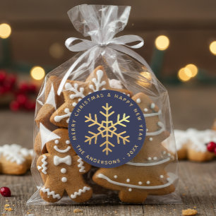Snowflake Navy Blue Faux Gold Elegant Christmas  Classic Round Sticker