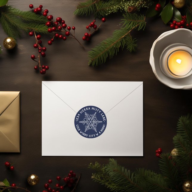Snowflake Navy Circle Winter Address Label (Creator Uploaded)