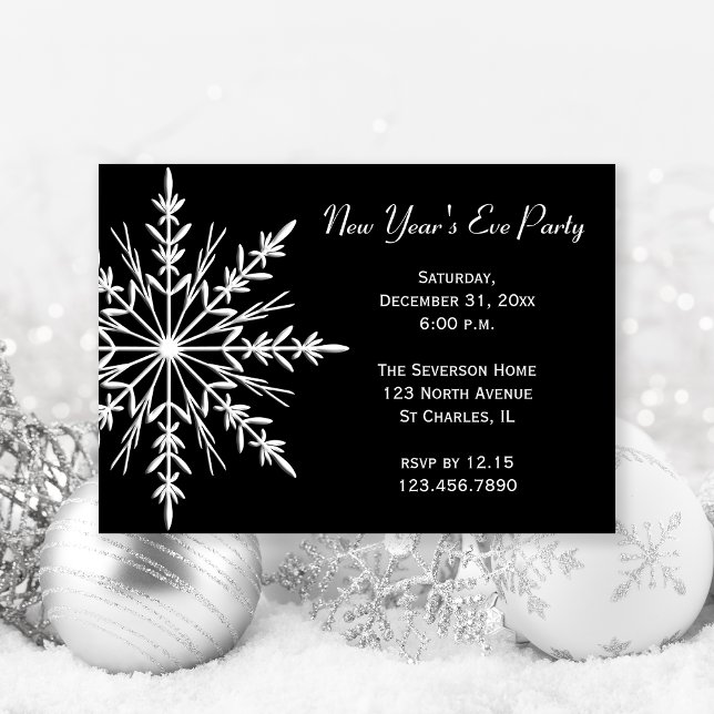 Snowflake on Black New Year's Eve Party Invitation (Creator Uploaded)
