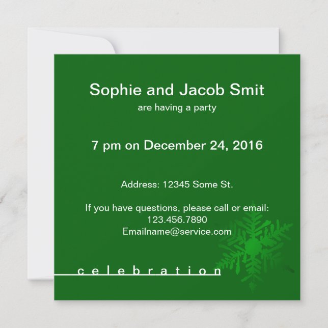 Snowflake on Green Christmas Party Invitation (Front)