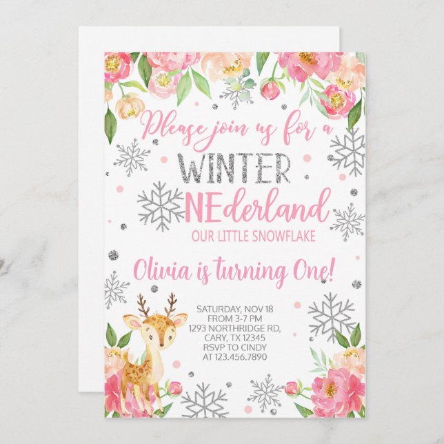 Snowflake Onederland girl birthday invite. Invitation (Front/Back)