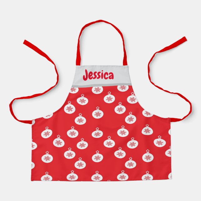 Snowflake ornaments on red apron (Front)