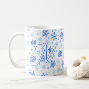Snowflake Pastel Baby Blue Elegant Script Monogram Coffee Mug