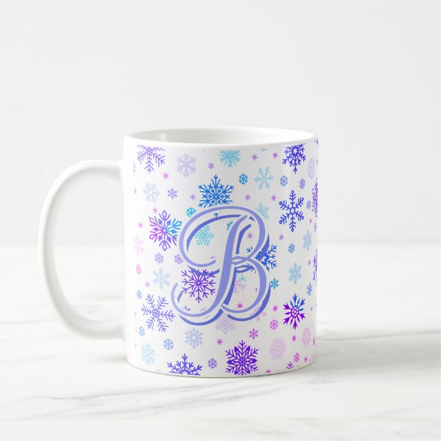 Snowflake Pastel Pink and Blue Elegant Monogrammed Coffee Mug (Left)