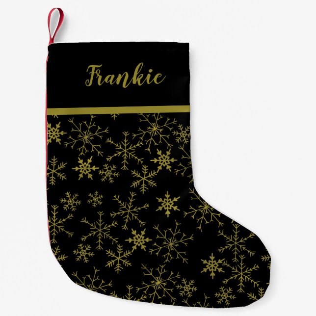 Snowflake Pattern Black and Gold Personalised Small Christmas Stocking (Front)