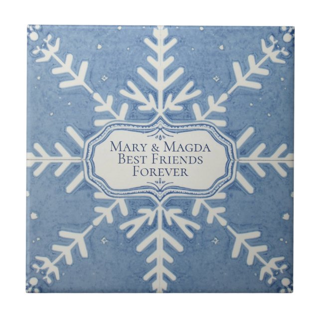 Snowflake pattern blue & white holiday ceramic tile (Front)