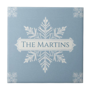 Snowflake pattern blue & white holiday custom name ceramic tile