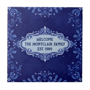 Snowflake pattern blue & white holiday custom name ceramic tile