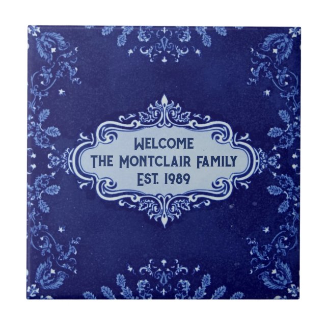 Snowflake pattern blue & white holiday custom name ceramic tile (Front)