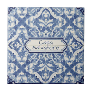 Snowflake pattern blue & white holiday custom name ceramic tile