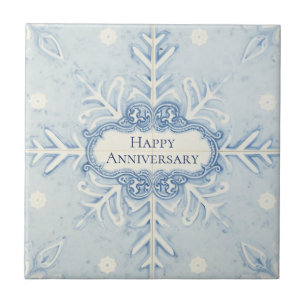 Snowflake pattern blue & white holiday custom name ceramic tile