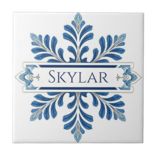 Snowflake pattern blue & white holiday custom name ceramic tile