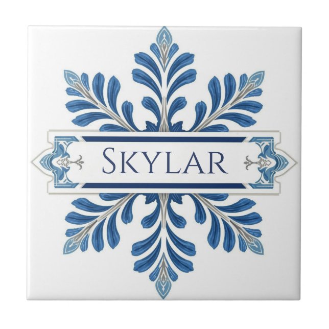 Snowflake pattern blue & white holiday custom name ceramic tile (Front)