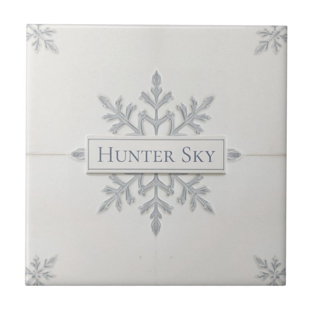 Snowflake pattern blue & white holiday custom name ceramic tile (Front)