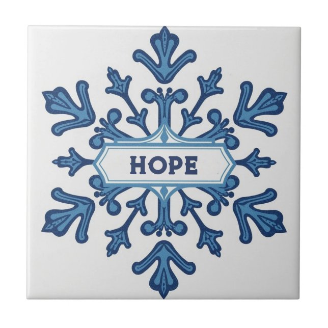 Snowflake pattern blue & white holiday custom name ceramic tile (Front)