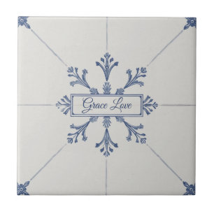 Snowflake pattern blue & white holiday custom name ceramic tile