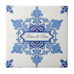 Snowflake pattern blue & white holiday custom name ceramic tile