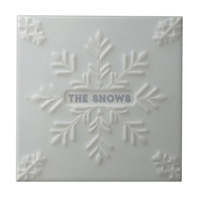 Snowflake pattern blue & white holiday custom name ceramic tile (Front)