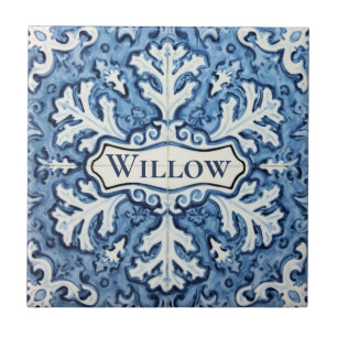 Snowflake pattern blue & white holiday custom name ceramic tile