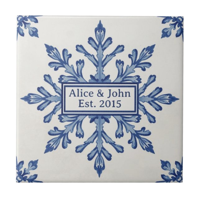 Snowflake pattern blue & white holiday custom name ceramic tile (Front)