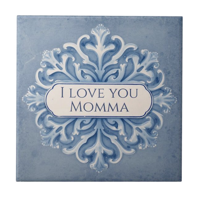 Snowflake pattern blue & white holiday custom name ceramic tile (Front)